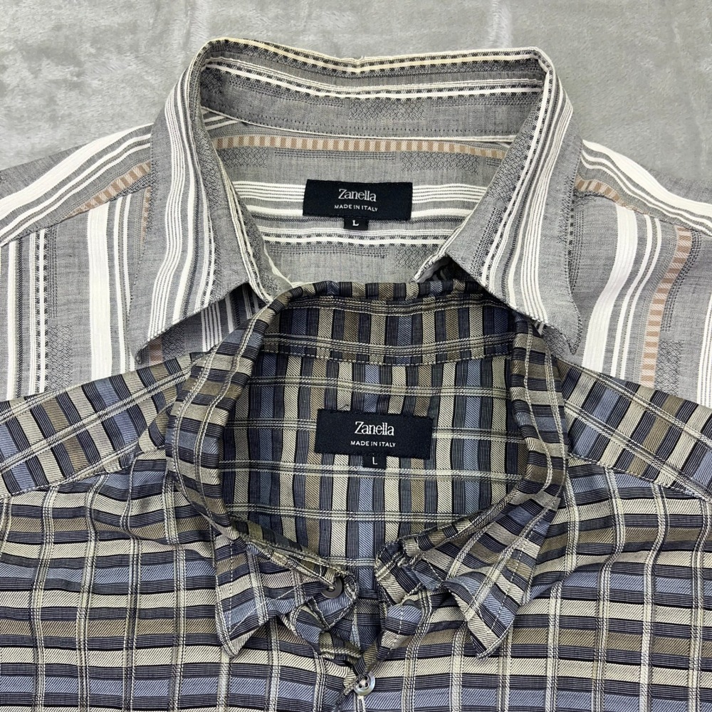 Lot of 2 Zanella Button-Up Shirt Plaid‎ Striped Long Sleeve Made in Italy L Boho